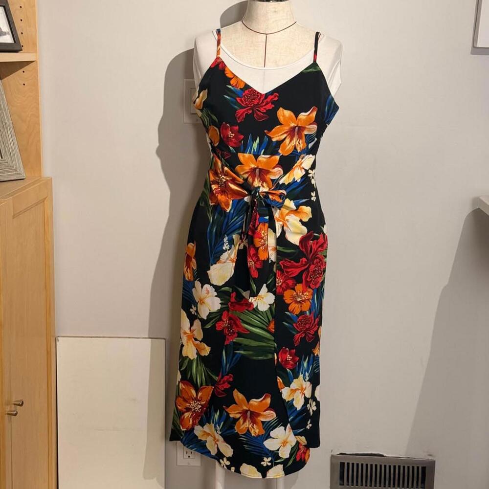 Lush Hawaiian Maxi Dress Floral Pattern Spaghetti Strap Wrap Tie Front Women's S